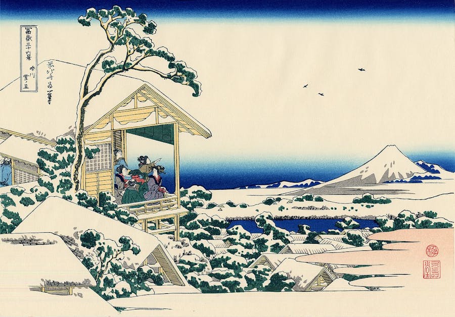 Hokusai, Maison de thé à Koishikawa, le matin après une chute de neige, 1830-1832, série de Trente-six vues du Mont Fuji, image CCØ
