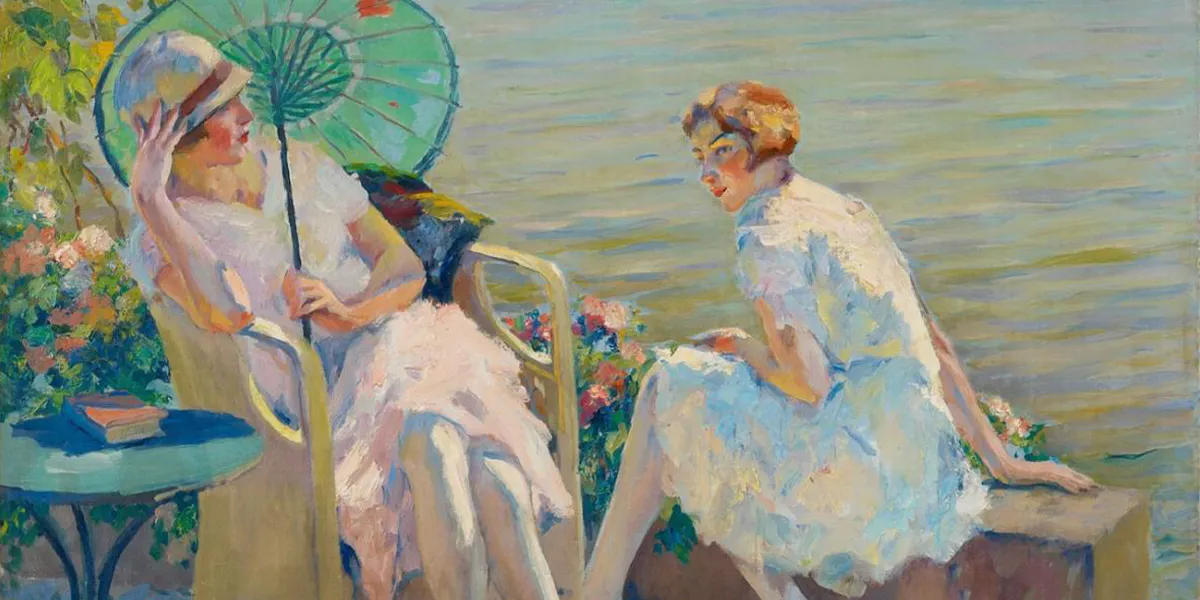 Edward Cucuel, Zwei sitzende Mädchen am Starnberger See, Öl/Lwd., 101 x 101 cm. Foto © Lempertz (Detail)