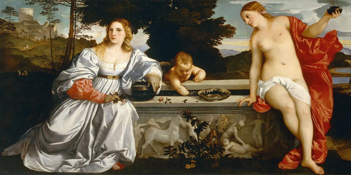 Titian, ‘Sacred Love and Profane Love’, 1514, olja på duk, 118 x 279 cm (detalj), Rom, Galleria Borghese. Foto public domain