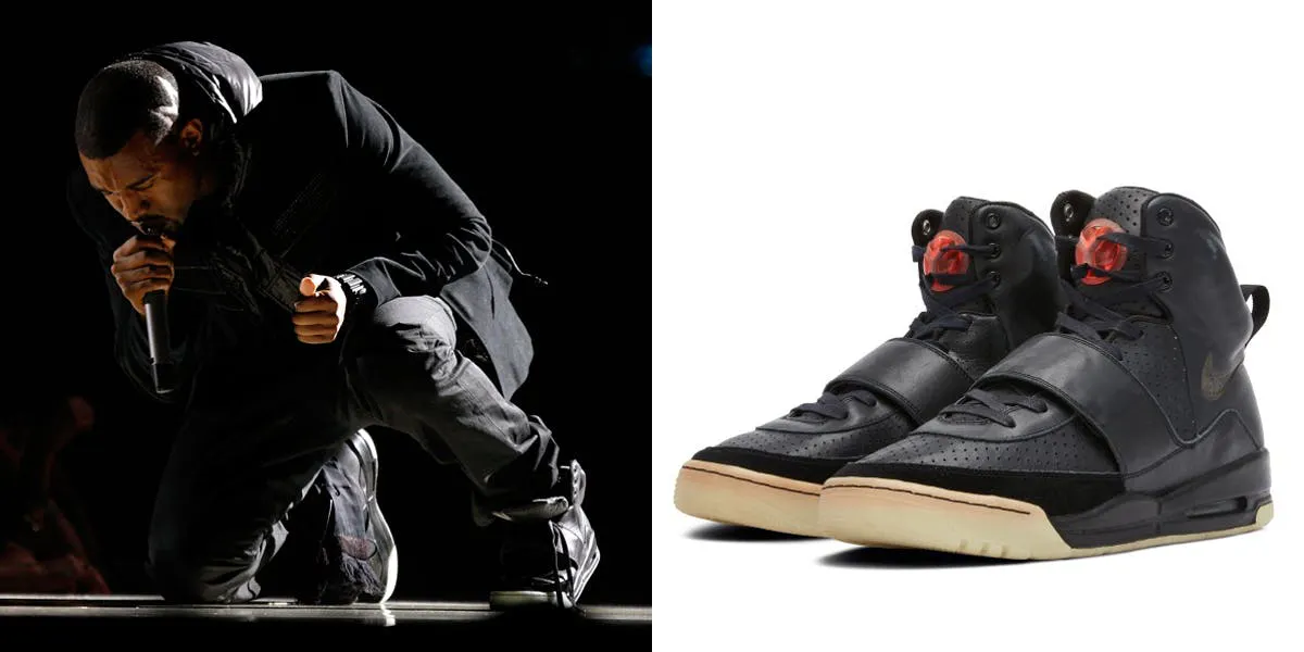Links: Musiker Kanye West während seines Auftritts bei der 50. Ausgabe der Grammy Awards im Staples Center am 10. Februar 2008 in Los Angeles, Kalifornien. Foto von Kevin Winter / Getty Images (Detail). Rechts: Kanye Wests Nike Air Yeezy 1 wurden am 26. April bei einem Privatverkauf bei Sotheby's für 1,8 Millionen USD verkauft. Foto © Sotheby's