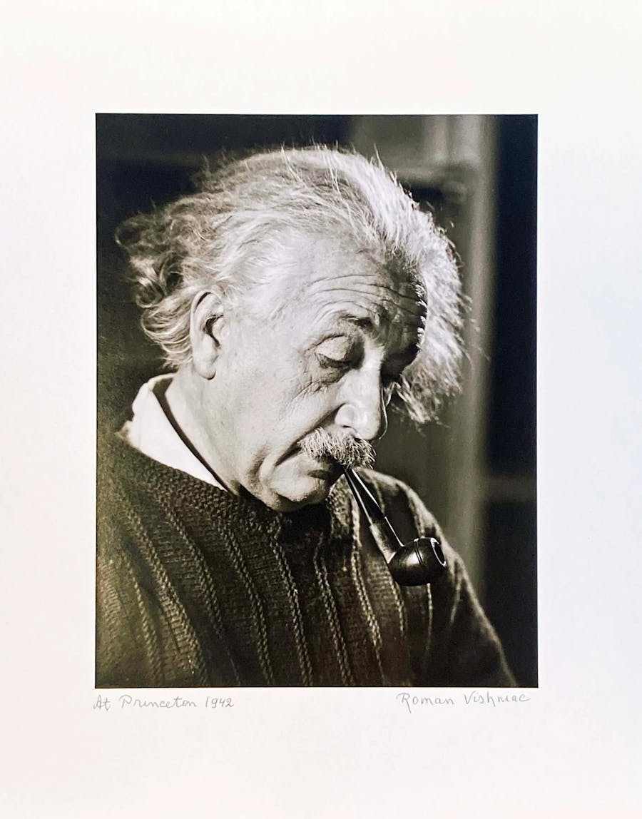 Roman Vishniac, Albert Einstein. Princeton/New York: 1942 (negatives); 1980 (silver prints). Elephant folio clamshell box (approx. 17x21 in.) housing seven silver prints. Image size: approx. 10.25 x 13.25 in.; with matte, 16x20 in.) Image © Manhattan Rare Books