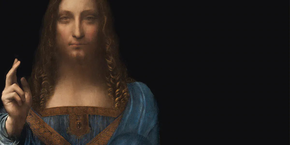 Leonardo da Vinci (attr.), Salvator Mundi, ca. 1500, oil on wood, 66 x 46 cm, private collection. Public domain photo (detail)