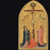 Guido di Piero, Fra Giovanni da Fiesole, known posthumously as Fra Angelico (around 1395/1400 near Vicchio - 1455 Rome), The Crucifixion with the Virgin, Saint John the Baptist and Magdalene at the foot of the cross, tempera on poplar wood panel with gold background, Domed, original regilded frame, 59.7 x 34.2 cm, estimate: £4,000,000-6,000,000. Image © Christie's (background added)
