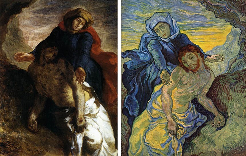 Left: Eugène Delacroix, Pièta, around 1850, oil / canvas, 35.0 x 27.0 cm, National Gallery, Oslo. Right: Vincent van Gogh, Pièta, 1889, oil / canvas, 73 x 60 cm, Van Gogh Museum, Amsterdam. Photos in the public domain