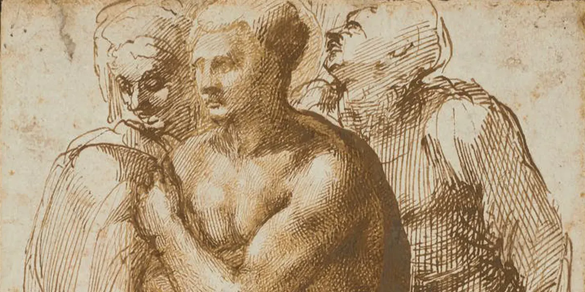 Michelangelo Buonarroti (1475-1564), Un jeune homme nu (d'après Masaccio) entouré de deux personnages, plume et deux nuances d'encre brune. Photo © Christie's (détail)
