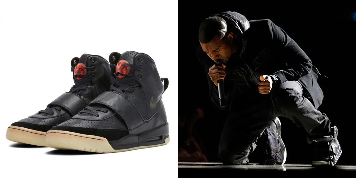 Left: Kanye West's pair of Nike Air Yeezy 1 sold at Sotheby's in a private sale on 26 April for $1.8 million. Photo © Sotheby's. Right: Musician Kanye West during his performance at the 50th edition of the Grammy Awards at the Staples Center on February 10, 2008 in Los Angeles, California (detail). Photo by Kevin Winter / Getty Images