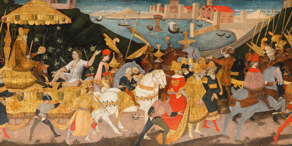 Apollonio di Giovanni (um 1415/17 Florenz 1465), Der Triumph des Konsuls Lucius Aemilius Paulus,
Tempera und Gold auf Holz, Kassonenfront, 39,5 x 155,7 cm, gerahmt. Foto © Dorotheum (Detail)