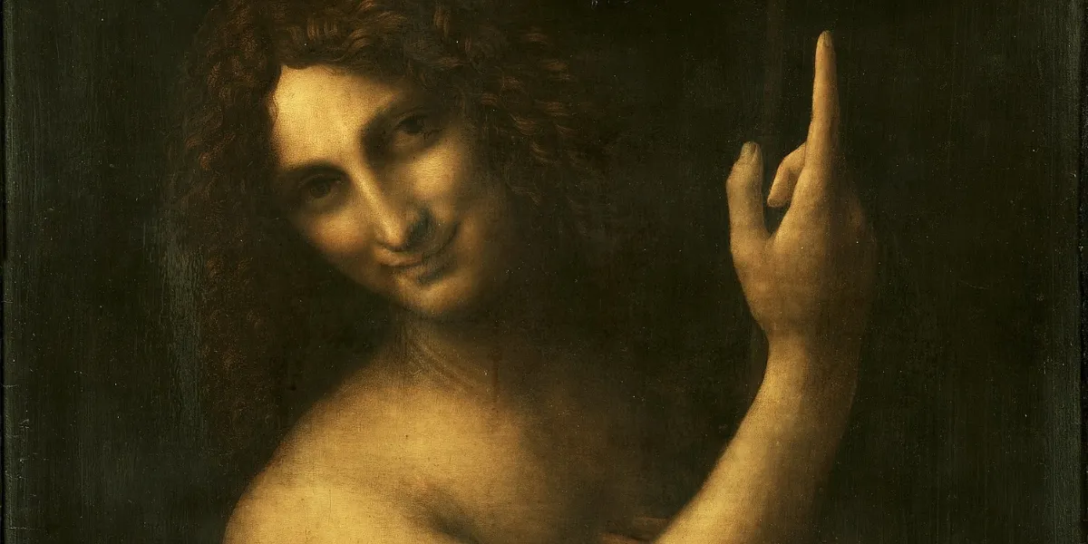 Leonardo da Vinci (1452–1519), Johannes der Täufer, 1513-16, Öl/Holz, 69 x 57 cm, Musée du Louvre, Paris. Foto gemeinfrei (Detail)
