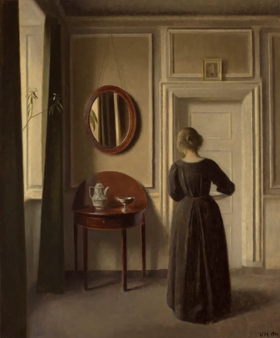 Vilhelm Hammershøi, Stue (Interior with an Oval Mirror), 1900, oil on canvas, 55 x 46 cm. Image © Christie's
