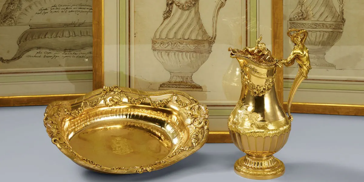 Lavabo-servis för paret de Montmelas, silver, två delar, Paris, Jean-Baptiste François Chéret, 1770, med originalritningen med signatur och anteckningar (detalj). Foto © Lempertz