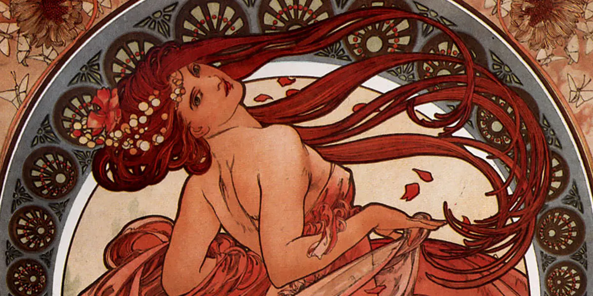 Alphonse Mucha (1860-1939), La Danse, 1898, litografia, collezione privata. Foto di dominio pubblico (dettaglio)