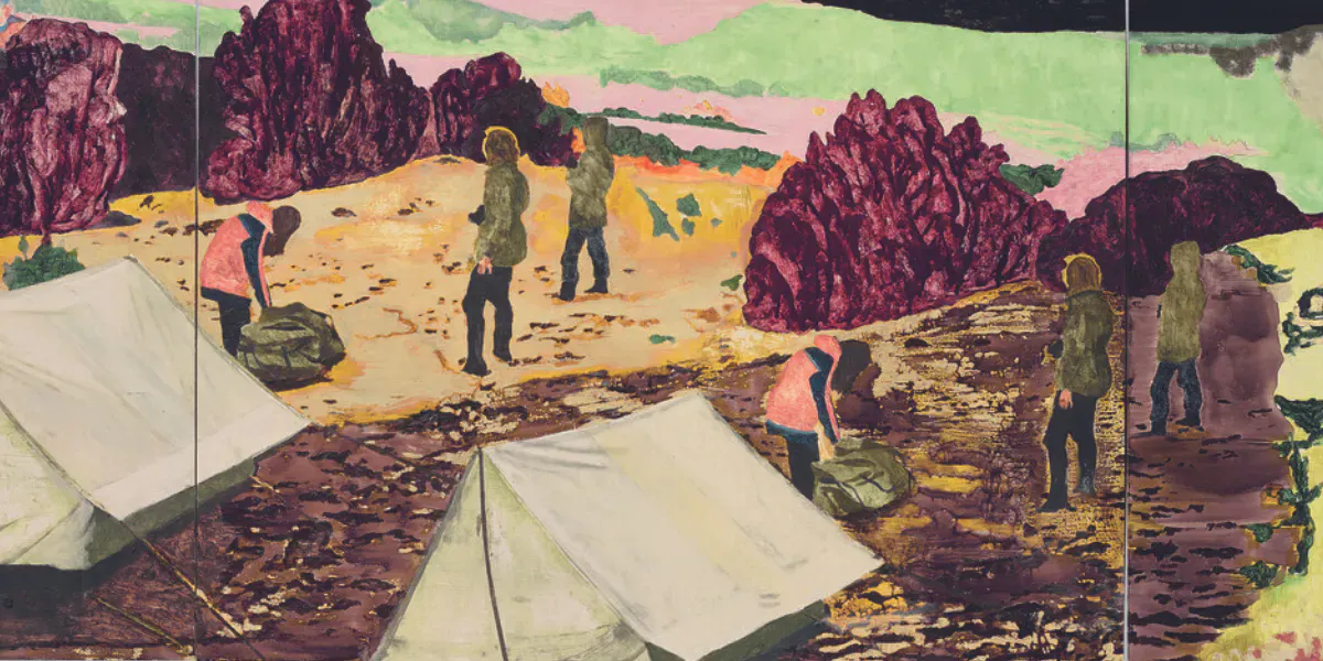 Karin Mamma Andersson, On Tenterhooks (traduit Sur des charbons ardents), huile et acrylique sur panneau, trois parties, 61 x 252,5 cm, peint en 2005. Photo © Christie's (détail)