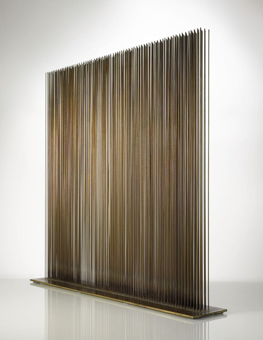 Harry Bertoia, Untitled (Sonambient), circa 1970, five staggered rows of 69 and 67 rods (341 rods total), beryllium copper, brass. Image © Sotheby's