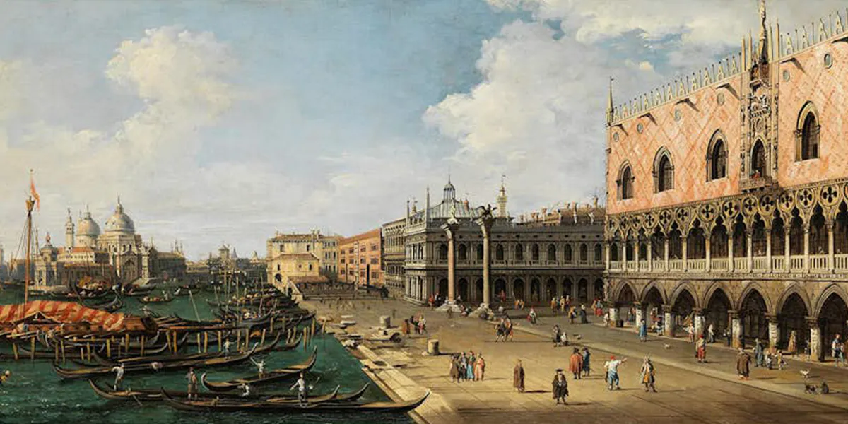 Giovanni Antonio Canal, gen. "Canaletto" 1697 Venedig 1768) und Werkstatt, "Canal Grande mit Dogenpalast und Piazzetta", Öl/Lwd., 53 x 119 cm. Foto © Hampel (Detail)