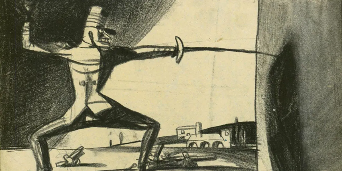 Vlado Kristl, Čovjek i njegova sjena Poccordi u borbi protiv agresora (L'homme et son ombre Poccordi dans la lutte contre l'agresseur), vers 1942. © Collection privée (détail)