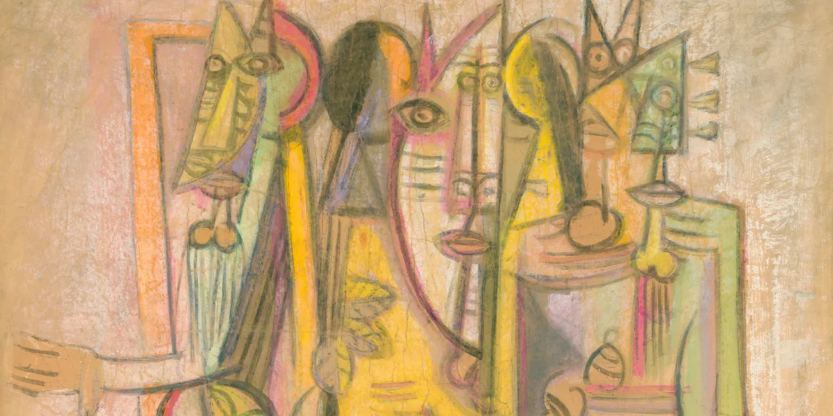 Wifredo Lam (1902-1982), La Réunion, 1942, firmato e datato “WiLam / 42” (in basso a destra) e firmato e datato al retro (in basso a destra), tempera su carta montata su tela, 180 x 120 cm. Foto © Christie's (dettaglio)
