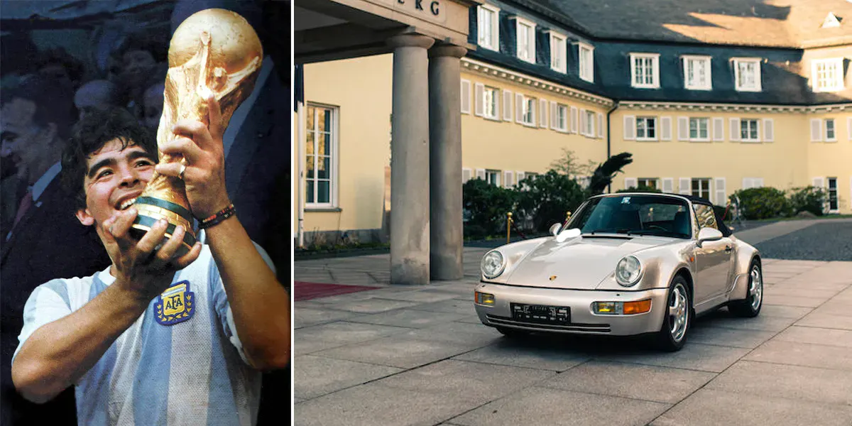 Gauche : Diego Maradona tenant le trophée de la Coupe du monde de la FIFA après avoir remporté la finale contre l'Allemagne de l'Ouest, 29 juin 1986, photographe inconnu. Photo domaine public / Droite : Porsche 911 Carrera 2 Type 964 « Works Turbo Look » Cabriolet de 1992, ayant appartenu à Diego Maradona. Photo © Bonhams 
