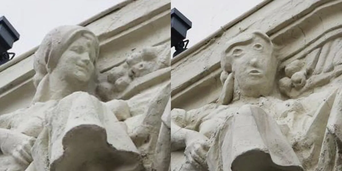 Before and after. The statue of a young woman, affixed to the façade of a bank of Palencia since 1923, has a more than dubious new face. © Antonio Guzmán Capel via Facebook