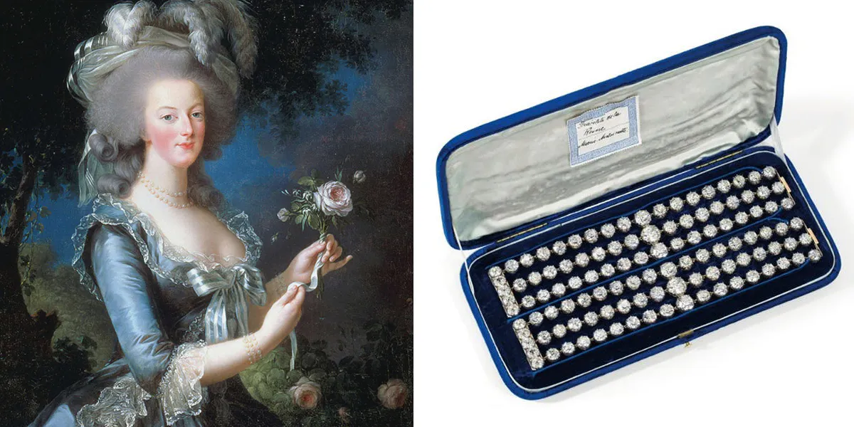 Left: Elisabeth Vigée Le Brun, ‘Marie Antoinette à la Rose’, 1783, oil on canvas, 113 x 87 cm, Palace of Versailles (detail). Photo public domain. Right: Pair of diamond bracelets that once graced the wrists of Marie Antoinette. For sale on 9 November 2021 at Christie’s Geneva. Photo © Christie's