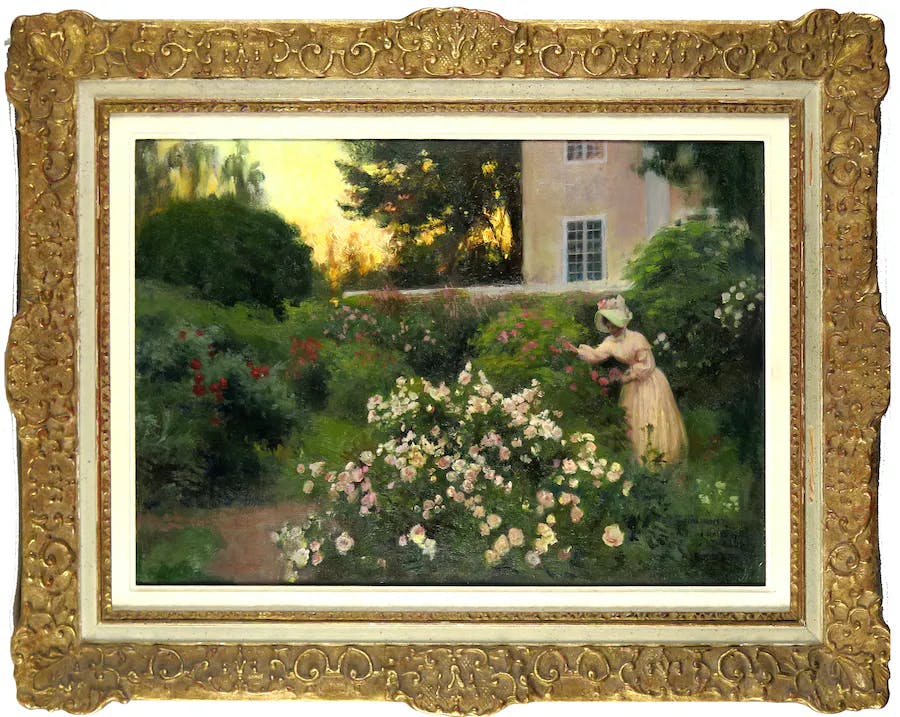 Albert Edelfelt's oil painting "Bland rosor", garden motif from Haiko, executed in 1898 with minor retouching from 1899, signed, with dedication "Dr T Tallqvist till minne af Haiko och af A Edelfelt" ("Dr T Tallqvist in memory of Haiko and A Edelfelt, Painting without frame 38 x 55 cm. Image © Hallands Auktionsverk 