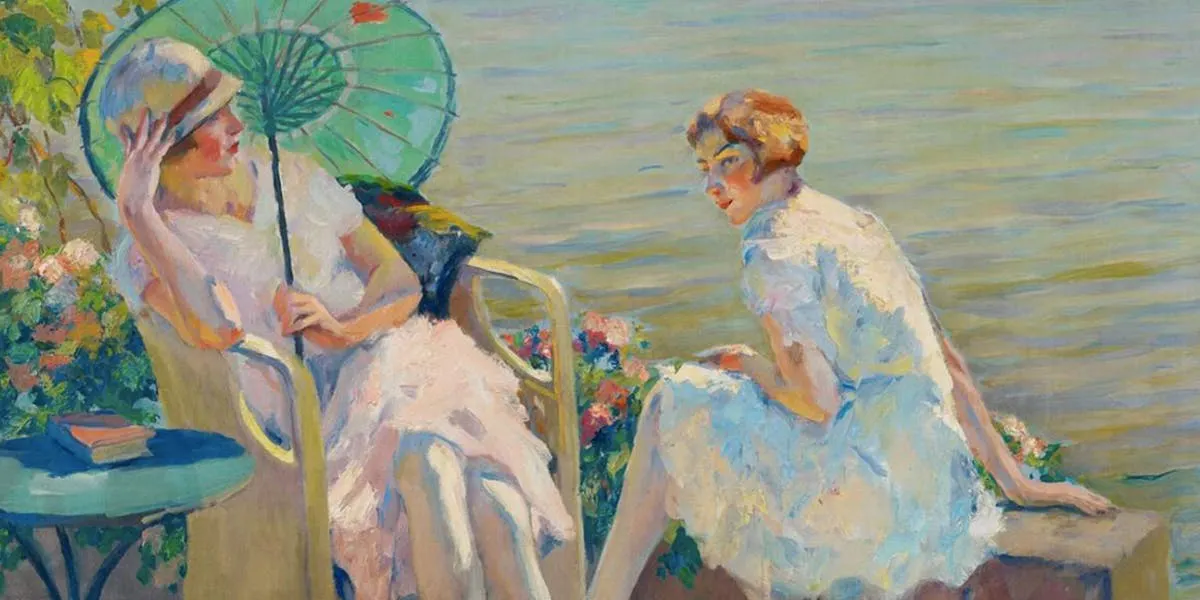 Edward Cucuel, Two Seated Girls on Lake Starnberg, oil / canvas, 101 x 101 cm, signed. Photo © Lempertz (detail)