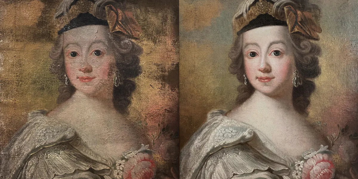 Till vänster: Vatten- och brandskadad målning från 1700-talet före restaurering. Till höger: 1700-tals porträtt efter konservering och restaurering. Foto © Ateljé Catellani (detalj)