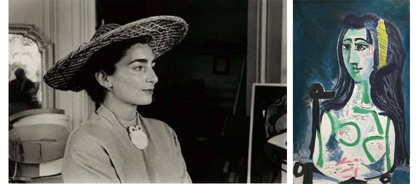 Gauche : René Burri, Jacqueline Roque à la Villa l'California, Cannes, 1957, image © Bonhams / Droite : Pablo Picasso, Femme assise dans un fauteuil, buste, 1963, image © Sotheby's