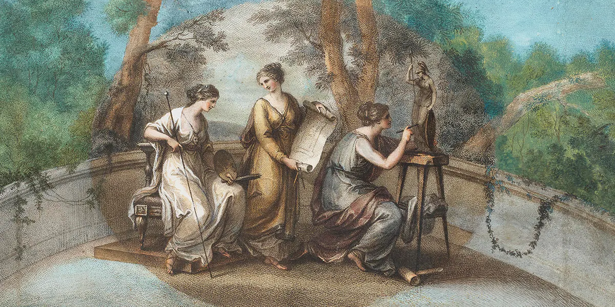Nachttischchen, Johannes Klinckerfuß (1770 Bad Nauheim/Hessen - 1831 Stuttgart) (?), um 1800, Mahagoni, furniert, mit kolorierten Punktstichen, 95 x 59 x 40 cm. Foto © Neumeister (Detail)
