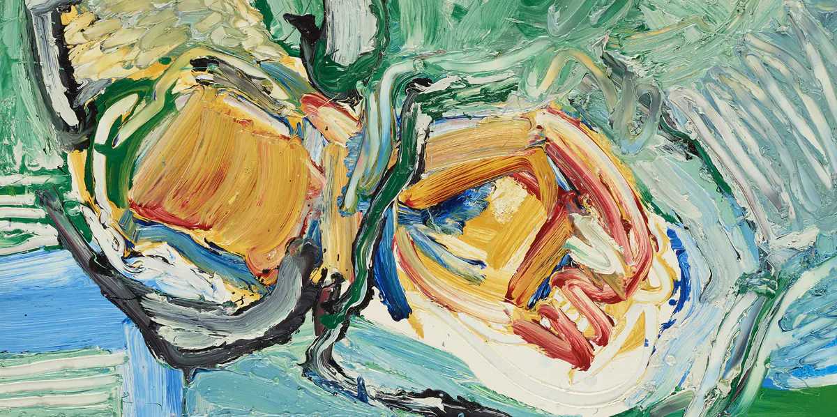 Bengt Lindström, olja på pannå, 1960-tal, sterbhusstämpel a tergo. Komposition. 65 x 122 cm. Foto: Bukowskis