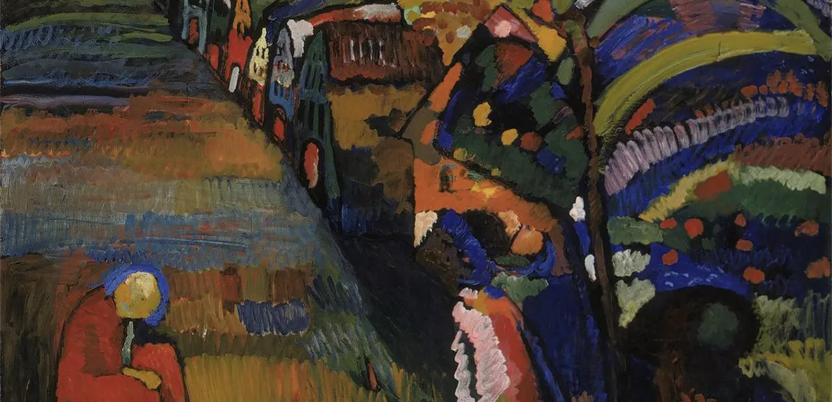 Wassily Kandinsky, 'Bild mit Häusern', 1909, olja på duk, 98 x 133 cm, Stedelijk Museum Amsterdam. Foto public domain (detalj)