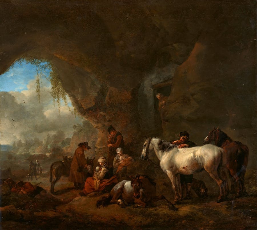 Philips Wouwerman (1619-1668), Voyageurs au repos dans une grotte, huile sur bois, imagen © Lempertz
