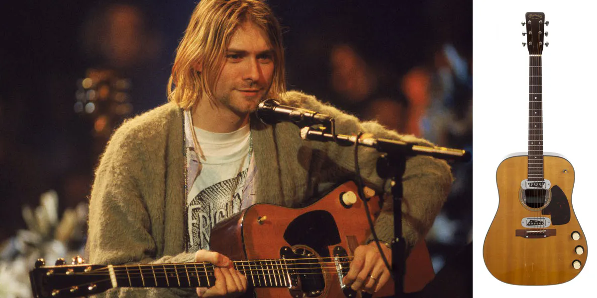 Left: Kurt Cobain (1967-1994), performing with Nirvana at a taping of the television program 'MTV Unplugged,' on 18 November 1993 in New York. Photo by Frank Micelotta/Getty Images. Right: Cobain’s Martin D-18E, played during this performance, is now up for auction. Photo: Julien’s Auctions