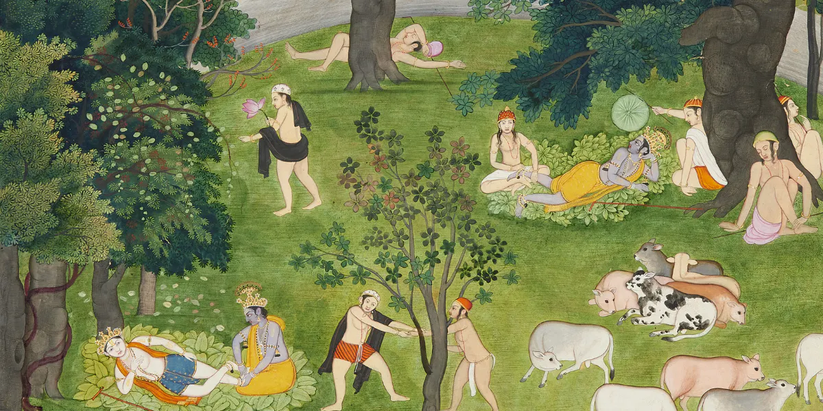 Krishna und Balarama bei der Fußmassage, opake Farben und Gold auf Papier, Punjab Hills, Himachal Pradesh, Kangra, Ende 18. Jh. Foto © Lempertz (Detail)