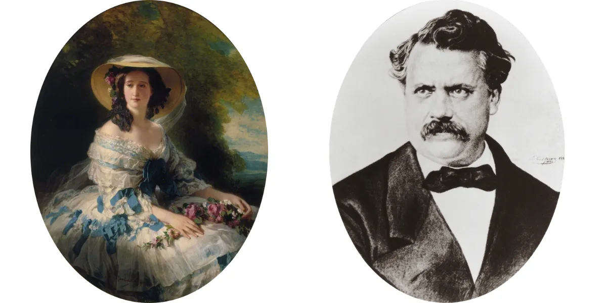 Links: Franz Xaver Winterhalter (1805-1873), Kaiserin Eugénie, 1857, Öl/Lwd., 109 x 138 cm, Hillwood Estate, Museum & Gardens, Washington, D.C. Foto gemeinfrei. Rechts: Louis Vuitton, ca. 1870er Jahre. Foto gemeinfrei