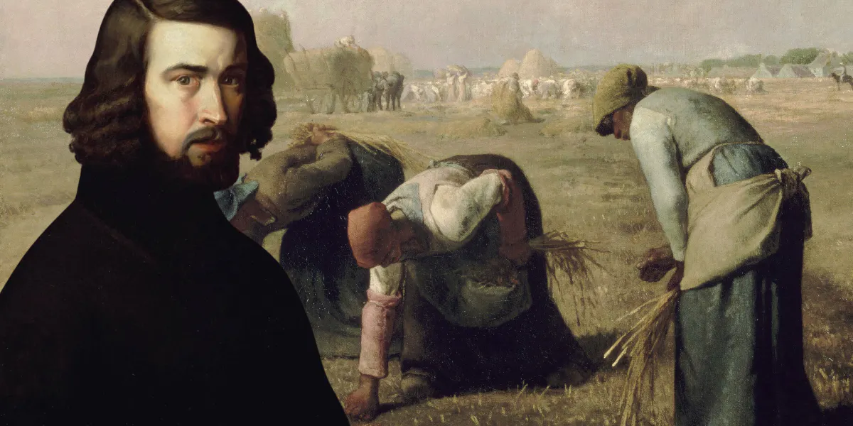Vorne: Jean-François Millet (1814-1875), Selbstporträt, 1840-41, Öl/Lwd., 63,5 x 47 cm, Museum of Fine Arts Boston. Foto gemeinfrei (Detail). Hinten: Jean-François Millet (1814-1875), Die Ährenleserinnen, 1857, Öl/Lwd., 83,5 x 110 cm, Musée d'Orsay, Paris. Foto gemeinfrei. Foto gemeinfrei (Detail)