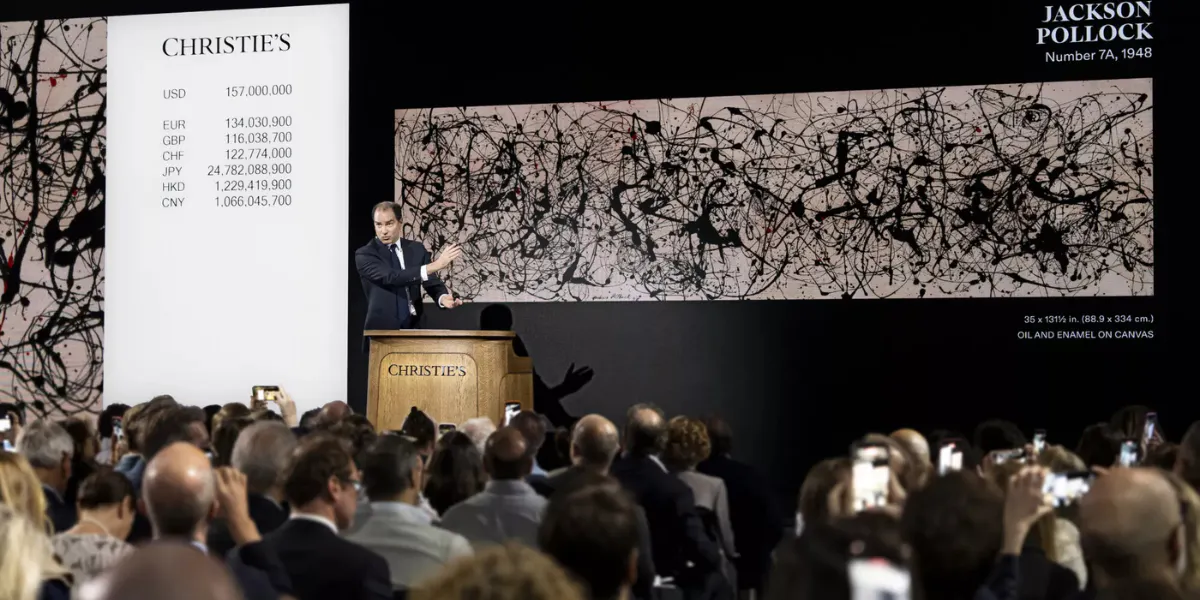 Jackson Pollock's "Number 7A, 1948," the top lot of this year's auction sales, sold for $181.2 million as part of "Masterpieces: The Private Collection of SI Newhouse"; New York, May 2026. Photo © Christie's (detail)