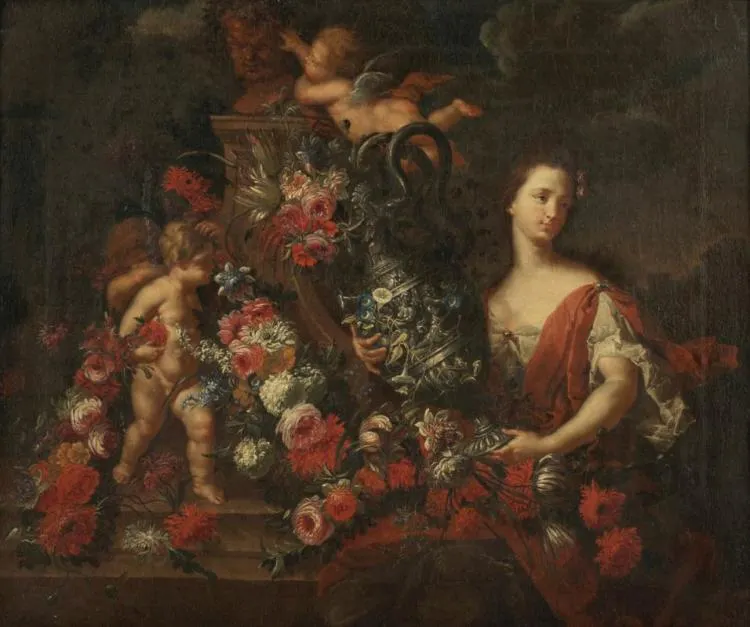 JEAN-BAPTISTE BOSSCHAERT (1667 Antwerpen 1746) - Blumenstillleben mit Putten und Personifikation, Öl/Lwd., signiert