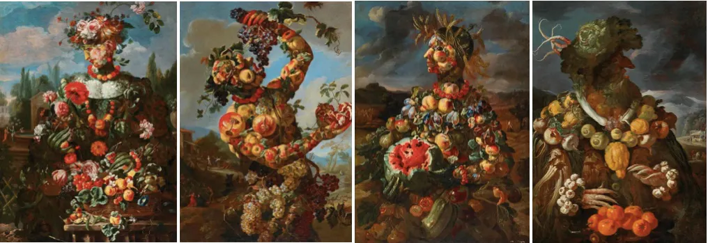 GIOVANNI PAOLO CASTELLI gen. LO SPADINO (Rom 1659 – um 1730) Von links nach rechts: Anthropomorphe Allegorie des Frühlings, des Sommers, des Herbstes, des Winters Je Öl/Lwd., 131 x 94 cm, gerahmt