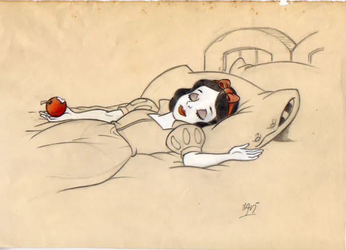 Xavier Vives Mateu - Croquis original de Blanche-Neige après avoir mordu dans la pomme empoisonnée, crayon sur papier