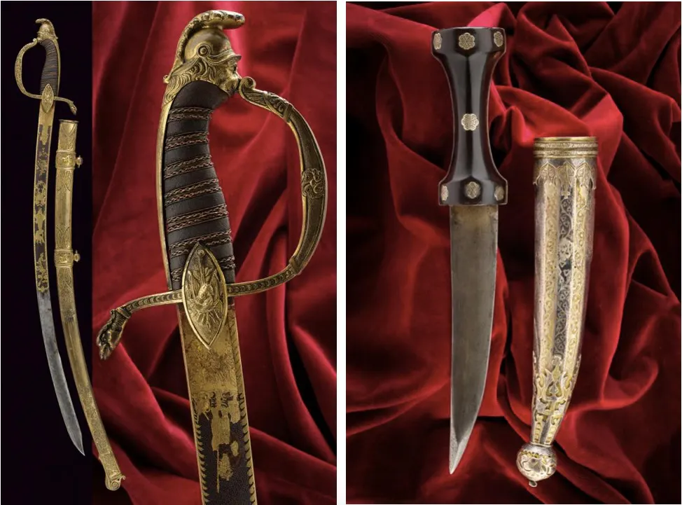 Links: Bedeutender Generalssäbel der napoleonischen Kriege, Golddekor mit den 4 Flaggen der Allianz (Preußen, Russland, England, Österreich) Preußen 1813-14 Rechts: Bedeutender versilberter Dolch der Türkenkriege, Osmanisches Reich Ende 17. Jh.