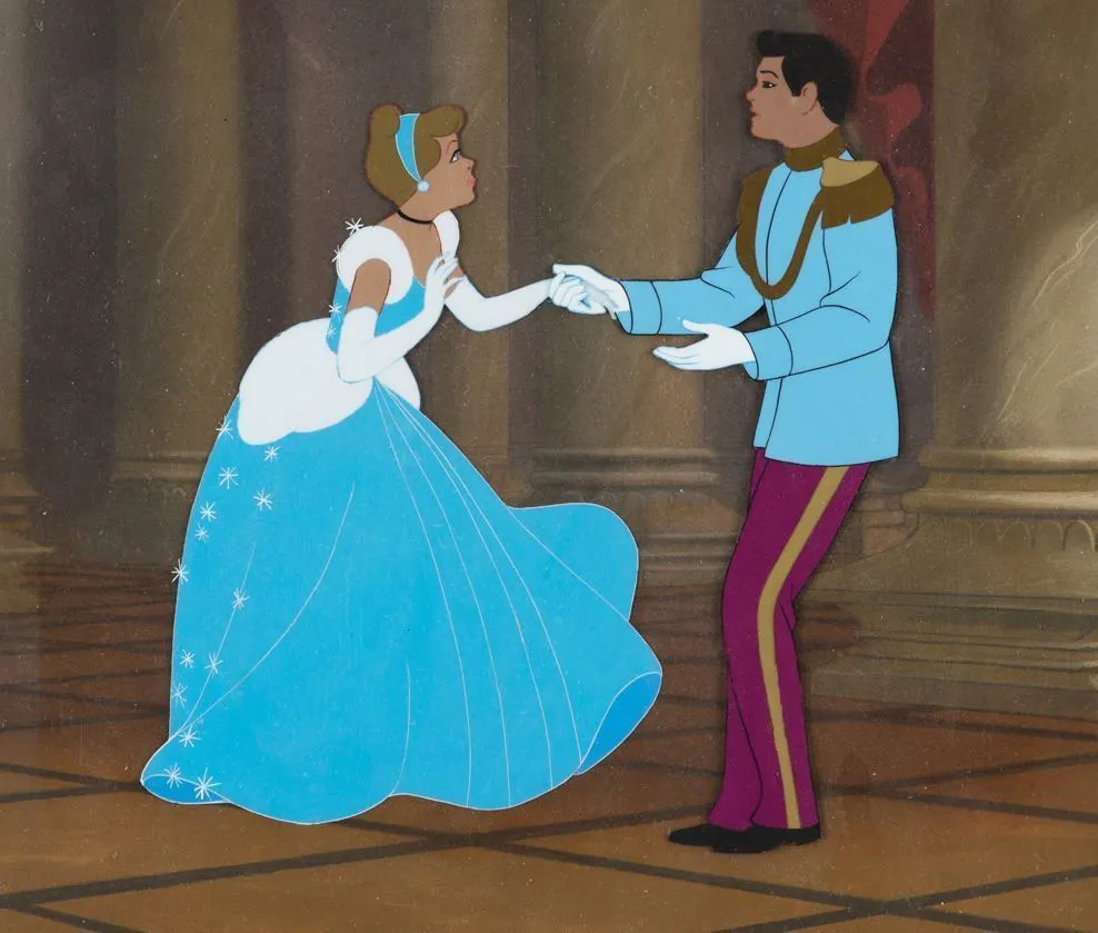 Lot #77 "Cinderella" and "Prince Charming" matching production cels on a production background from Cinderella. (Walt Disney, 1950)