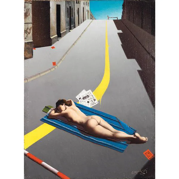 JOSÉ MANUEL CAPULETTI. Mujer desnuda estirada sobre la carretera