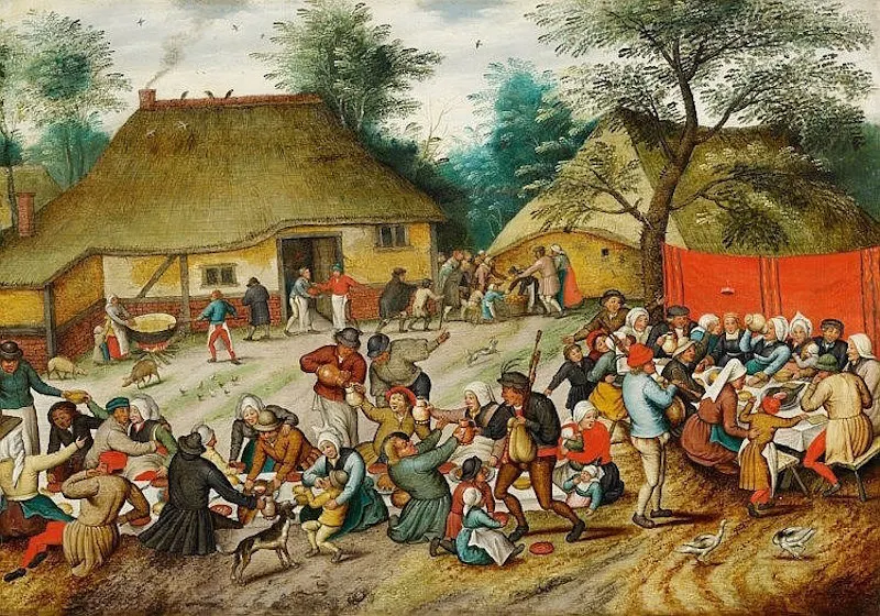 PIETER BRUEGHEL DEN YNGRE (1564, Bryssel – 1637/38 Antwerpen), Bondbröllop. Olja på trä, 41,5 x 58,9 cm, efter 1616. Utropspris 9,3 – 11,1 miljoner kronor.
