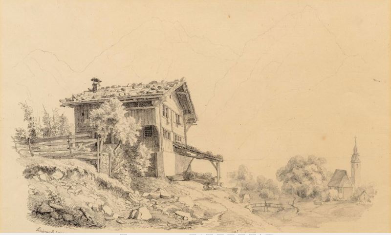 ROBERT ZÜND. Paisaje con granja e iglesia en frente de un paisaje de montaña
