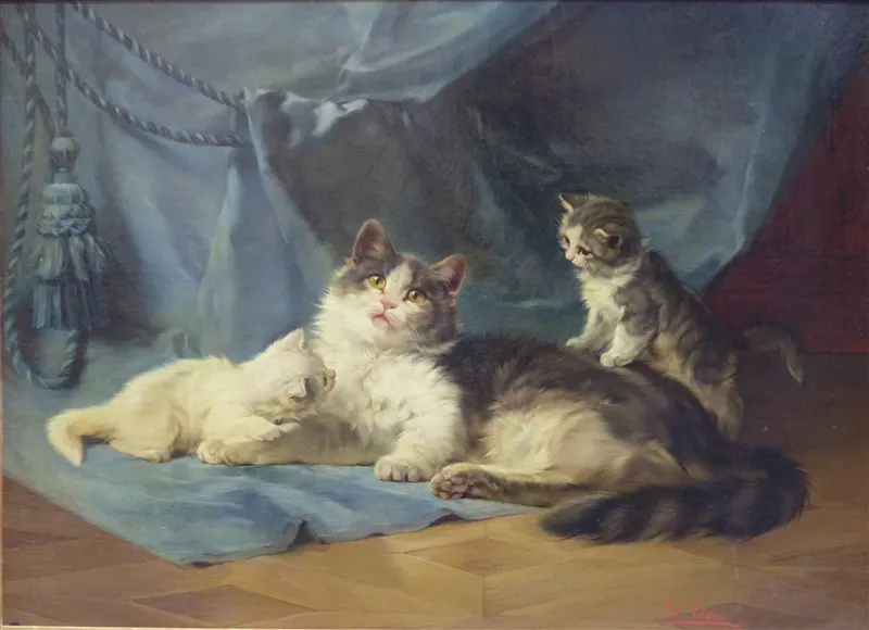 JULIUS II. ADAM (1852-1913) - Katzenmutter mit ihren Jungen beim Spiel auf dem Vorhang, Öl/Holz, signiert