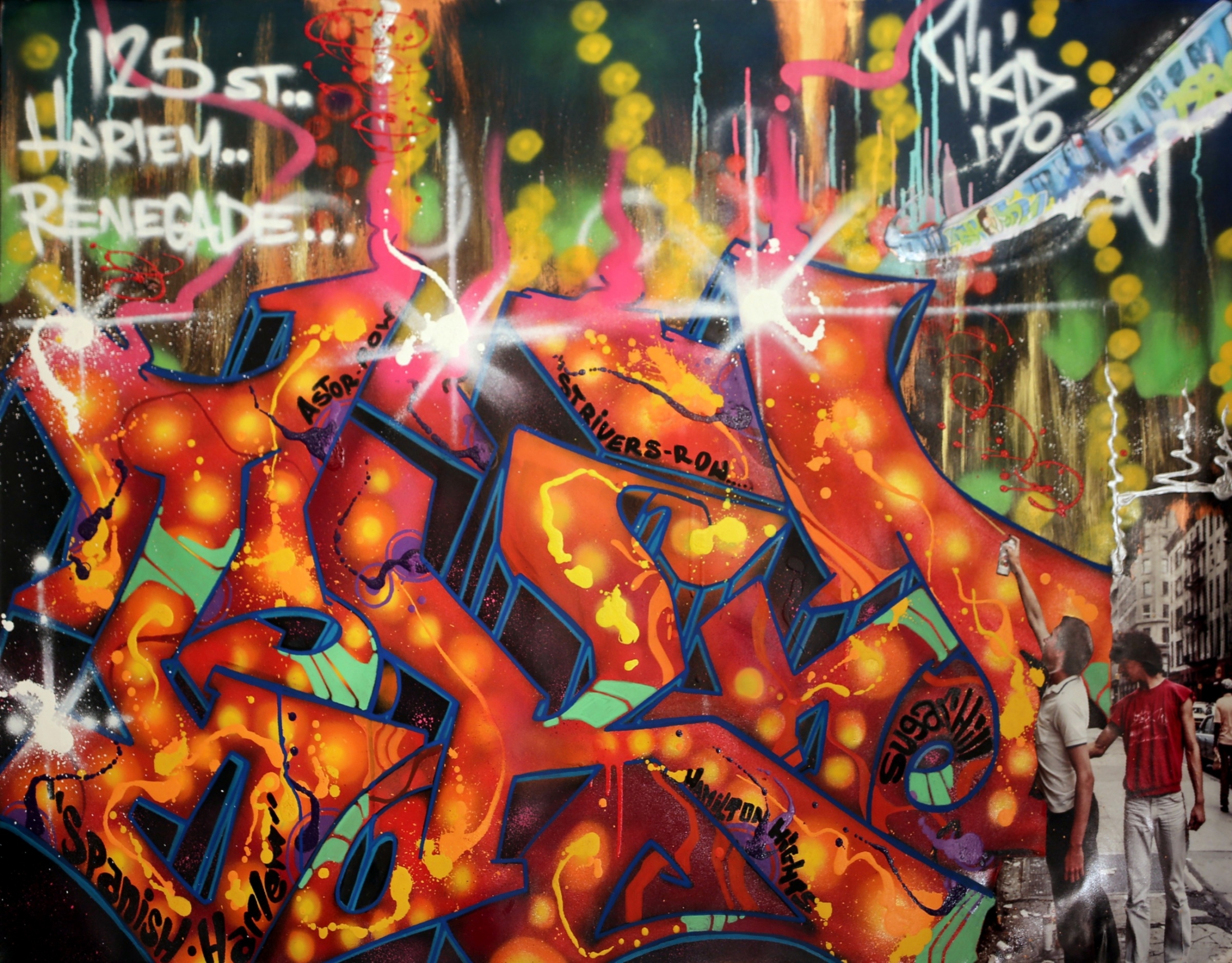 TKID 170,  "Harlem Renegade" Spray, acrylique et photographie marouflée sur toile représentant Bilroc à gauche et Tkid à droite.