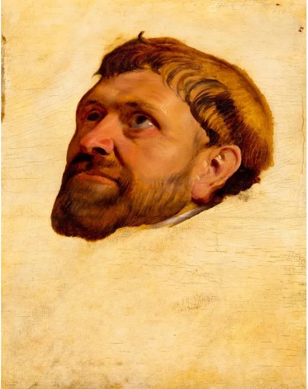 Maître d'Anvers, étude pour le tableau « Tête de moine regardant vers le haut », peinture sur panneau, ca. 1610-15, image ©Koller