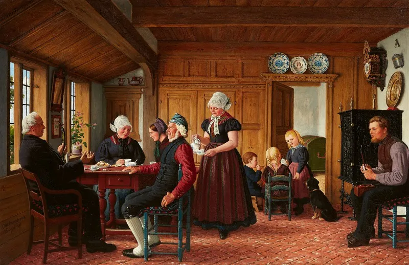 KARL LUDWIG JESSEN. Familia frisona tomando café. Óleo firmado (1897)