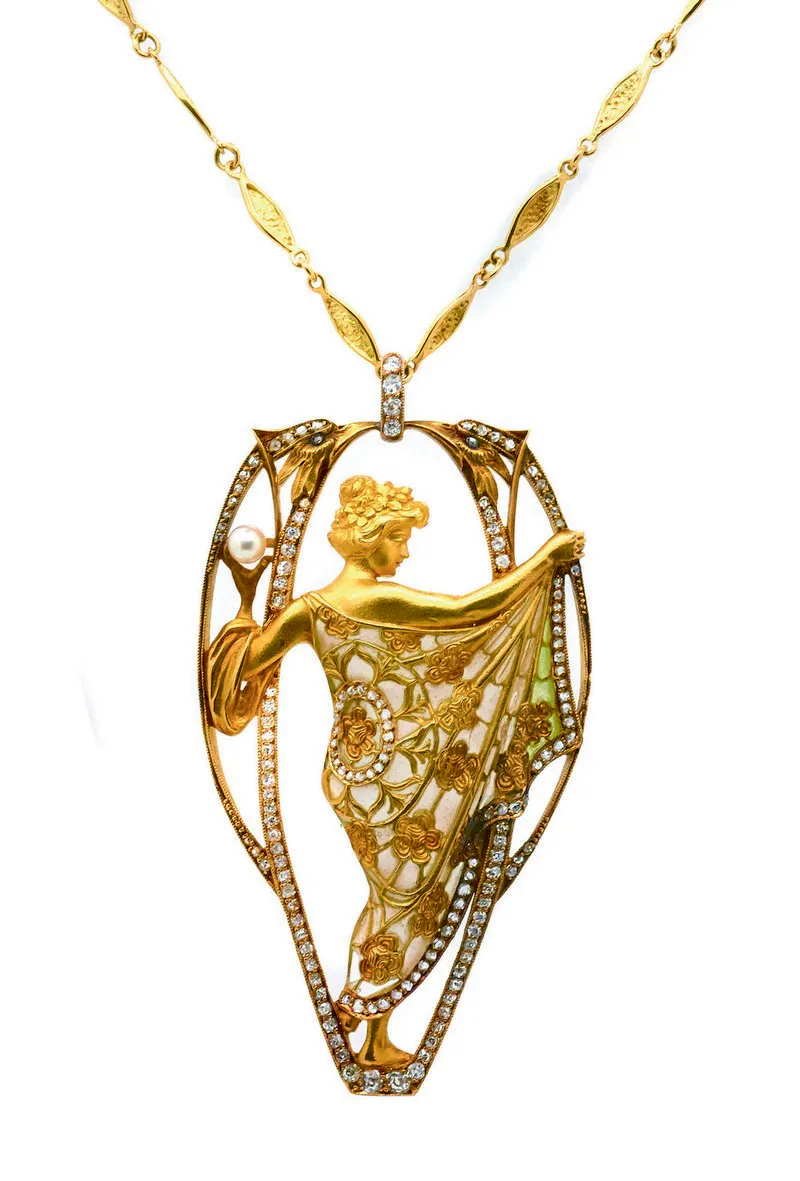 Colgante MASRIERA en oro y diamantes con esmalte plique-à-jour. Firmado (circa 1900)