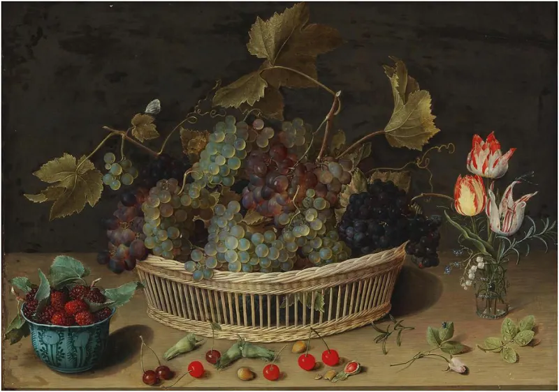 ISAAC SOREAU. Bodegón de frutas y flores con uvas en una cesta de mimbre, moras en un recipiente de porcelana y tulipanes en un florero de cristal. Precio estimado: 200.000-300.000 €